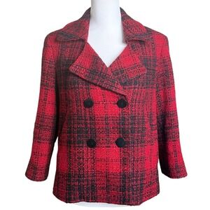 Talbots Plaid Tweed Double Breasted Wool Blend Pea Coat Red Black Women Size 8